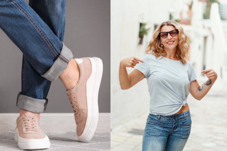 Mulher tenis calça jeans e camiseta